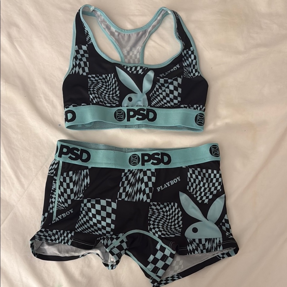 Playboy x PSD Black and Teal Sports Bra and Shorts Set